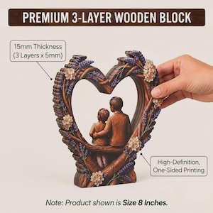 May include: A premium 3-layer wooden block in a heart shape, 15mm thick, featuring a printed illustration of a parent and child. The frame is decorated with lavender and white flowers. Text includes 'PREMIUM 3-LAYER WOODEN BLOCK' and 'Size 8 Inches'.