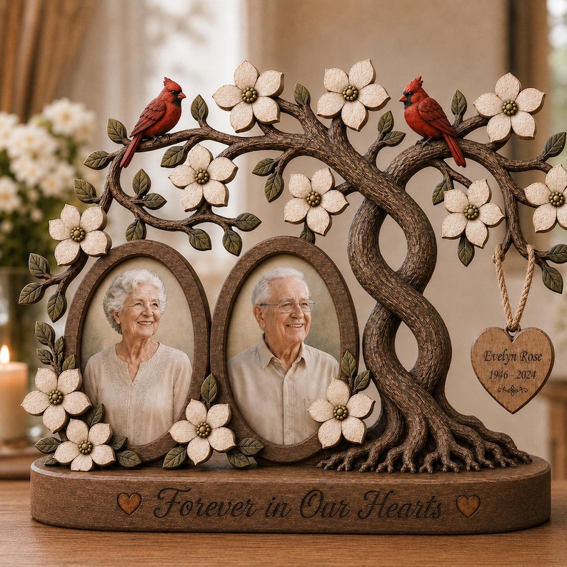 May include: A brown resin memorial frame featuring two oval photo slots, a sculpted tree with white dogwood flowers, and two red cardinals. A heart-shaped wooden tag hangs from a branch with the text Evelyn Rose 1946-2024. The base reads Forever in Our Hearts.