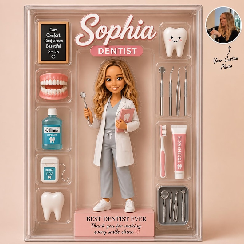 May include: A custom doll set in a clear display box featuring a dentist figure in a white coat and gray scrubs. Accessories include a mouthwash bottle, dental floss, tooth models, a toothbrush, toothpaste, and metal dental tools with text.
