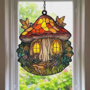 Faux Stained Glass Acrylic Suncatcher With Mushroom House And Flowers, Whimsical Fairy Window Decor