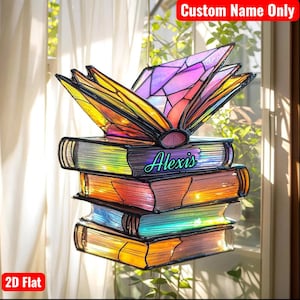 Faux gebrandschilderd glas acryl Suncatcher - open boek op stapel venster hangend - kleurrijke regenboog decor cadeau voor leraren en boekenliefhebbers, B2C cadeau