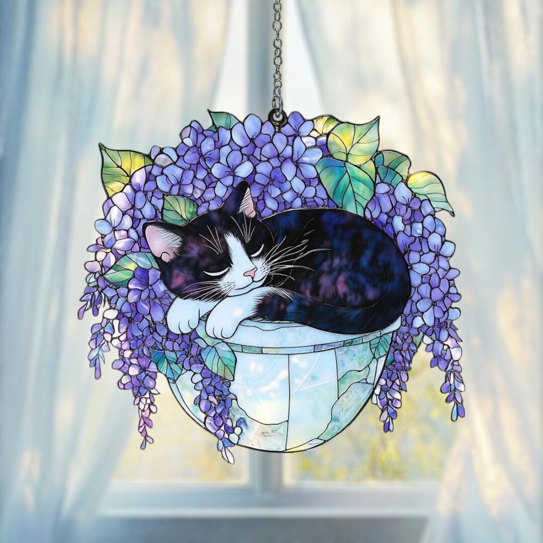 Faux Stained Glass Acrylic Suncatcher - Sleeping Cat in Wisteria Basket ...