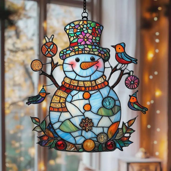 雪だるまのクリスマスオーナメント、フェイクステンドグラスアクリル