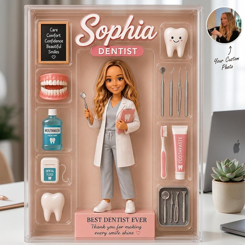 May include: A custom dentist doll set in a clear display box featuring a doll in a white coat, a model of teeth, mouthwash, dental floss, a toothbrush, toothpaste, and various dental tools. The box includes the text Sophia, Dentist, and Best Dentist Ever.
