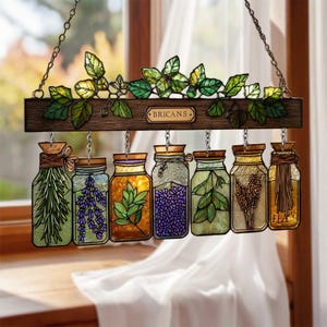 Pot d'herbes aromatiques en faux vitrail à suspendre, décoration de cuisine unique, art botanique cottagecore pour la maison