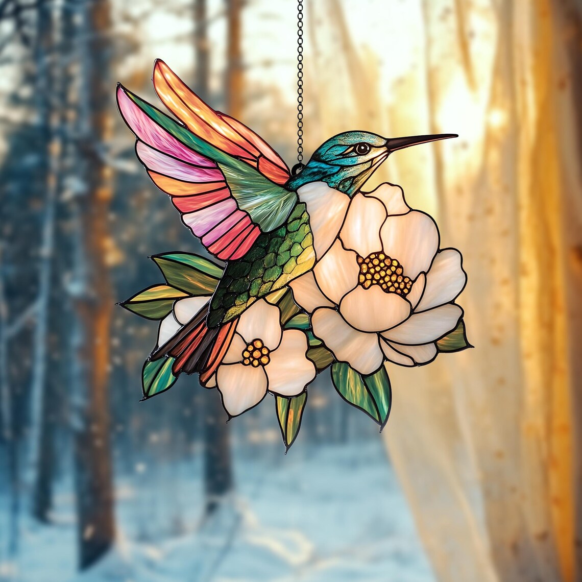 Hummingbird and Peony Flower Window Hanging Acrylic Ornament ...