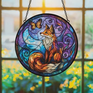 Fox And Butterfly Acrylic Suncatcher – Faux Stained Glass Window Hanging – Whimsical Forest Decor & Gift for Nature Lovers