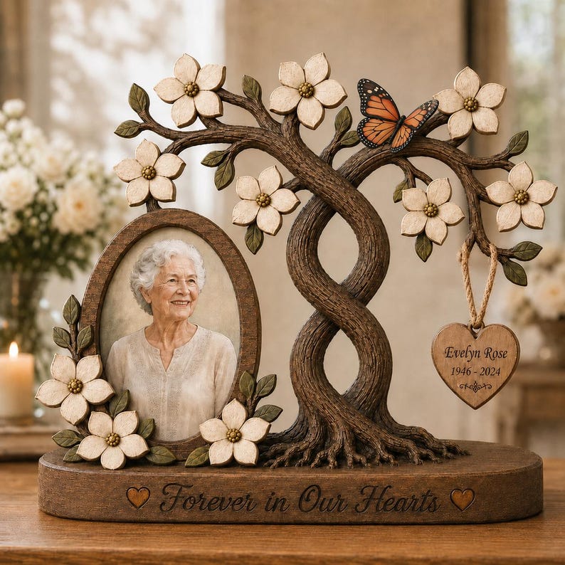 May include: A memorial photo frame featuring a brown tree with white flowers and a monarch butterfly. An oval frame holds a portrait of an older person. A heart-shaped tag hangs from a branch with the text Evelyn Rose 1946-2024. The base reads Forever in Our Hearts.