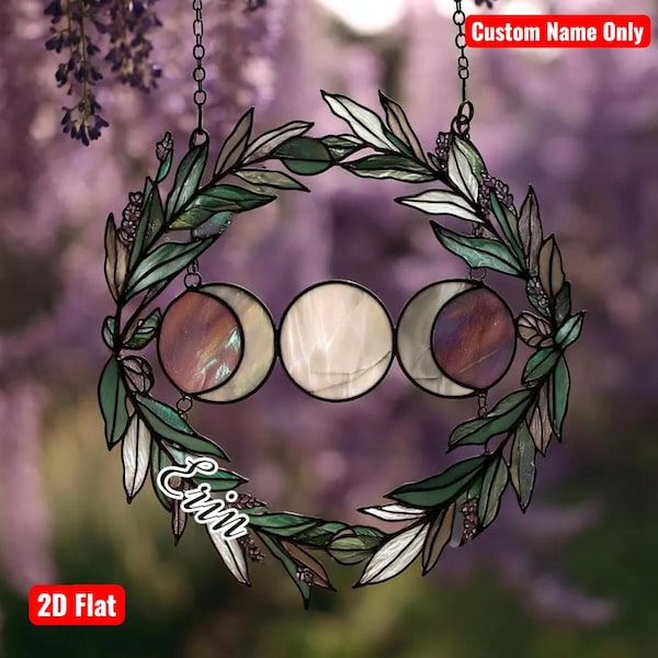 Atrapasol de vitral con fases lunares: decoración celestial acrílica para ventana con corona de media luna. Regalo espiritual para mujeres y hogares bohemios.