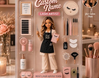 May include: A doll set in a clear display box featuring a doll dressed as a lash artist with a black apron, accompanied by miniature beauty tools including tweezers, brushes, a lash cleanser bottle, a fan, and a lash palette with printed text.