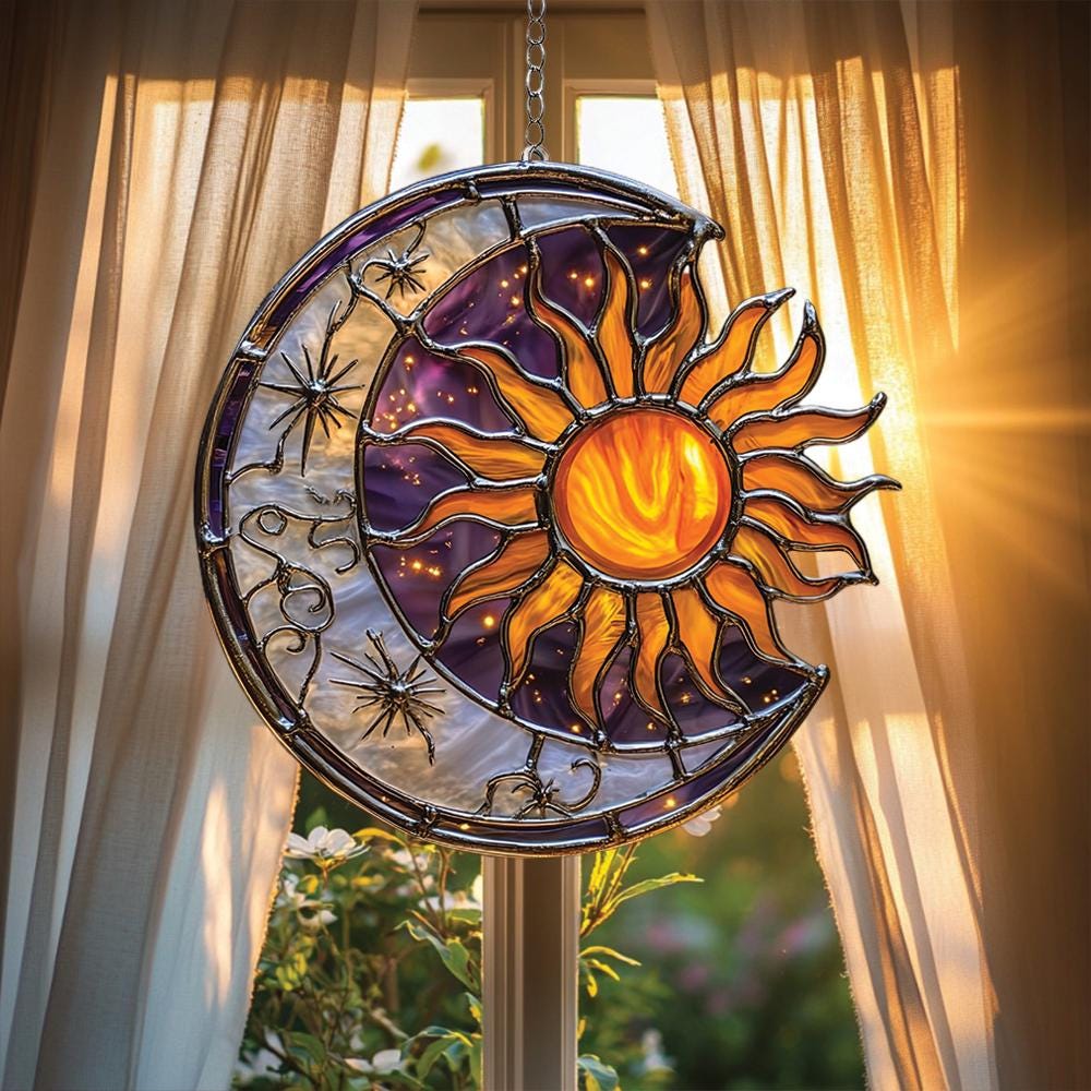 2D Sun and Moon Suncatcher in Celestial Harmony, Acrylic Stained Window Decor with Stars and Swirl Details for Boho Spirit Lovers