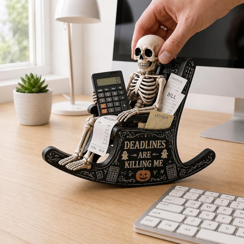 May include: A black rocking chair desk organizer featuring a skeleton figure holding a calculator. The side of the chair is printed with the text "DEADLINES ARE KILLING ME" alongside illustrations of ghosts, a pumpkin, and calculators.