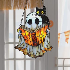 Ghost And Cat Acrylic Suncatcher - Faux Stained Glass Halloween Window Hanging - Cozy Autumn Decor For Book Lovers & Spooky Gift Idea