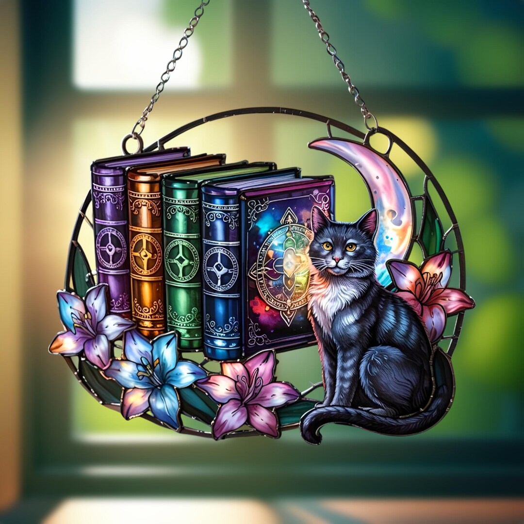 Black Cat Suncatcher With Moon, Spell Books and Flowers, Witchy Acrylic ...