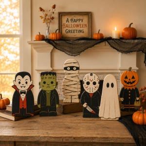 Halloween träklossdekorationsset, kusliga karaktärer, hyllställ, vampyr, mumie, spöke, pumpa, Frankenstein, rustik heminredning