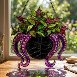 Gothic Octopus Planter Faux Stained Glass Suncatcher, Purple Kraken Window Hanging, Spooky Botanical Decor, Plant Mom Gift
