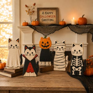 Pode incluir: Cinco figuras de gato em madeira decoradas para o Halloween. Uma é um fantasma, uma um vampiro, uma tem uma cabeça de abóbora, uma é uma múmia e uma é um esqueleto. Estão dispostas sobre uma superfície de madeira com abóboras e uma placa.