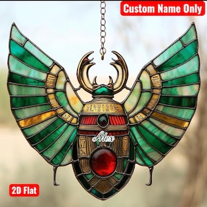 Egyptian Scarab Faux Stained Glass Acrylic Suncatcher Window Hanging - Sacred Beetle Decor Gift For History And Mythology Lovers