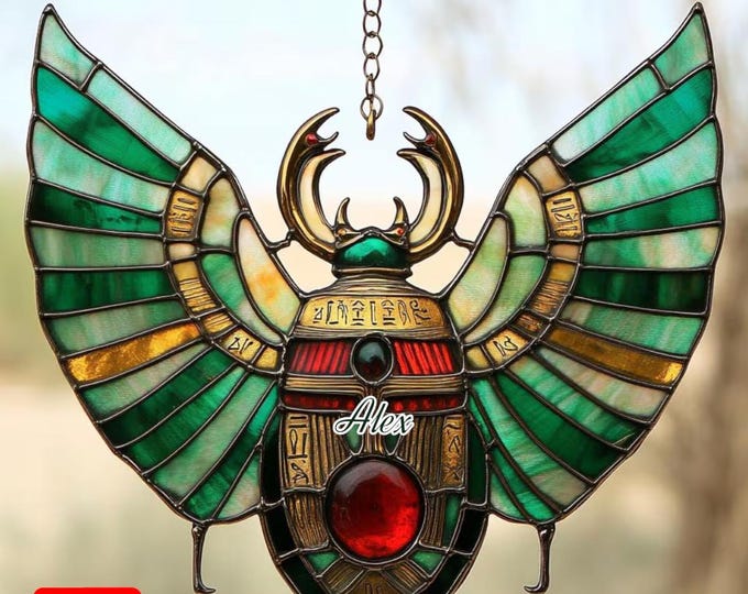 Egyptian Scarab Faux Stained Glass Acrylic Suncatcher Window Hanging - Sacred Beetle Decor Gift For History And Mythology Lovers