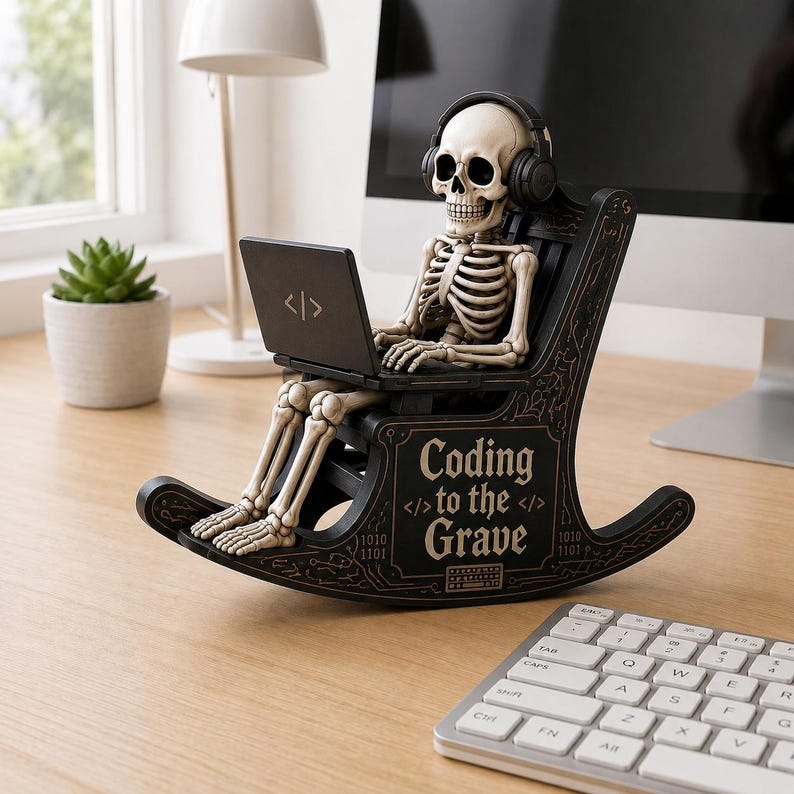 Halloween Skeleton Wooden Block Sign, Coffee Lover Skull Decor, Funny Spooky Shelf Sitter, Fall Office Desk Decor Gift Skeleton Coding