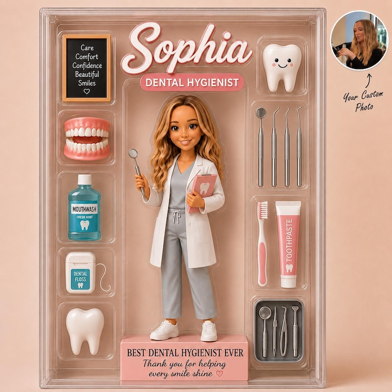 May include: A custom doll set featuring a dental hygienist named Sophia, packaged in a clear display box. Accessories include a mouthwash bottle, dental floss, a toothbrush, toothpaste, dental tools, and a tooth-shaped figurine with a smile.