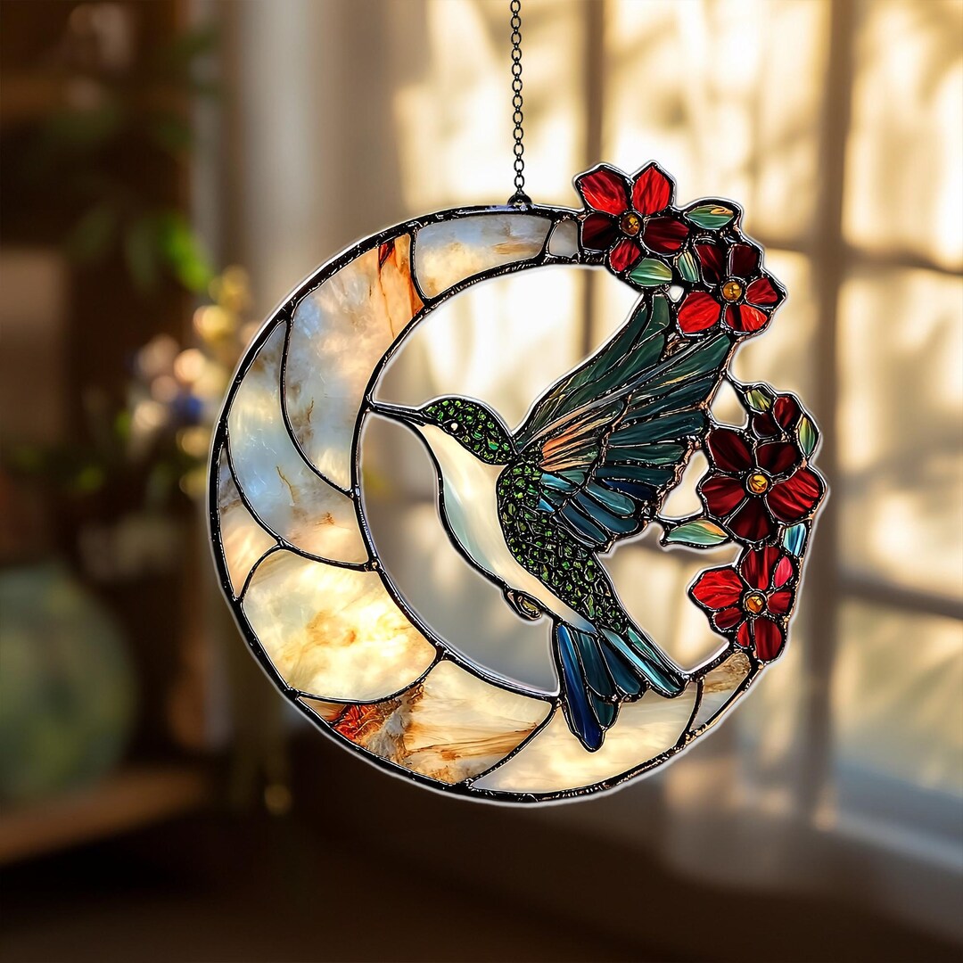 Hummingbird Moon Acrylic Suncatcher – Crescent Moon With Red Flowers ...