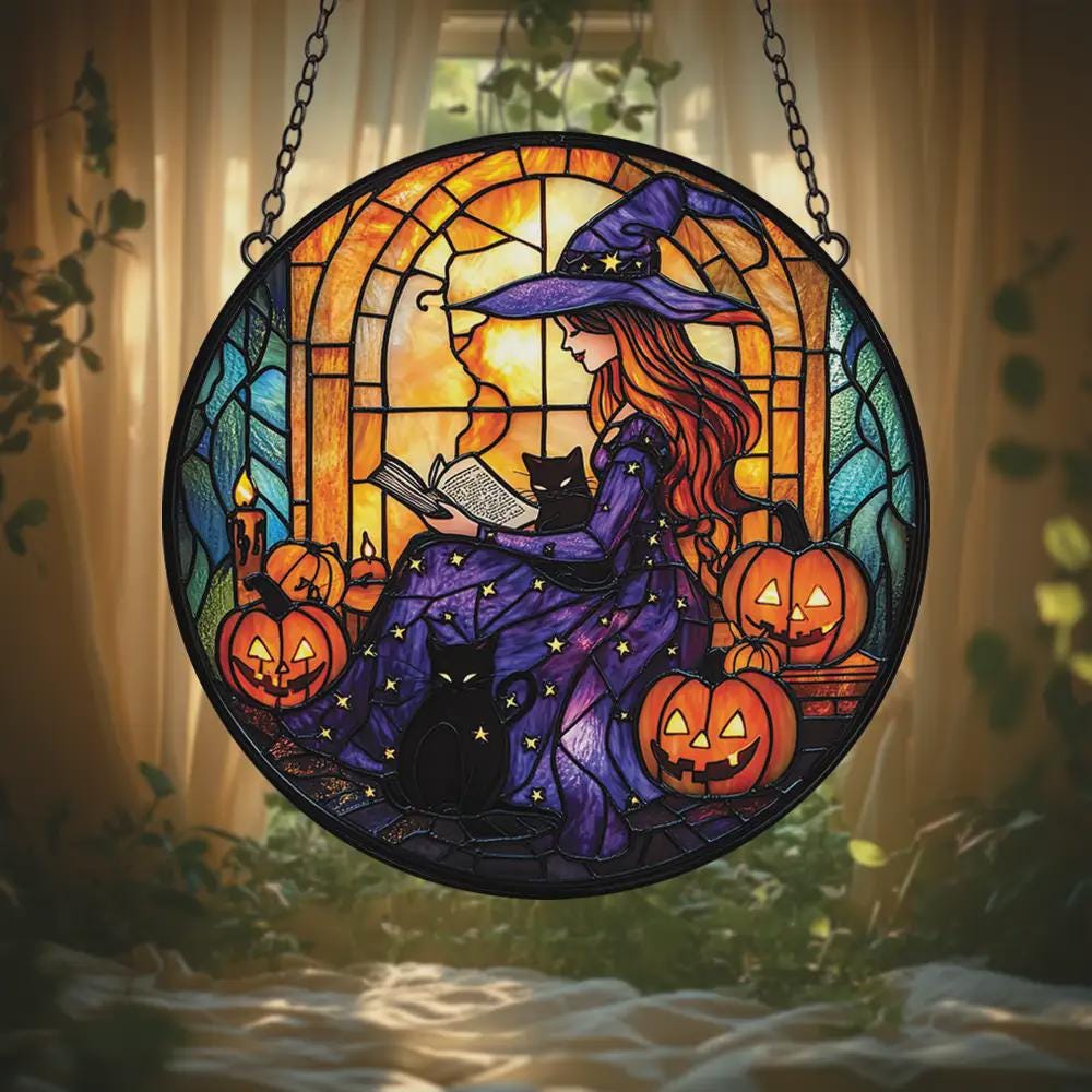 ハロウィンに　ステンドグラス　モビール(魔女、ガイコツ、黒猫) 送料無料*ステンドグラス風*ハロウィン・黒猫・かぼちゃ