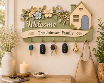 Personalized Wooden Key Holder for Wall, Layered Family Key Hanger, Custom Entryway Organizer, Housewarming Gift, Welcome Home Decor