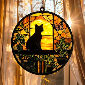 Black Cat glass suncatcher ACRYLIC ornament Cat And Book Window Hanging Gift For Book Lover Librian Bookshelf Librarian Gift Reader Bookworm