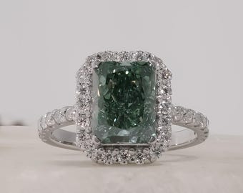 3.00 CT Fancy Vivid Green Radiant Cut Lab Grown Diamond Engagement Ring for Her, Wedding Anniversary Gift Ring for Her, Promise Ring for Her