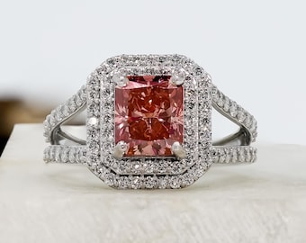 3.00 CT Fancy Vivid Pink Radiant Cut Halo Lab Grown Diamond Engagement Ring for Her, Wedding Anniversary Gift Ring, Promise Ring for Her