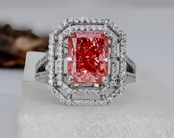 3.00 CT Fancy Vivid Pink Radiant Cut Halo Lab Grown Diamond Engagement Ring for Her, Wedding Anniversary Gift Ring, Promise Ring for Her