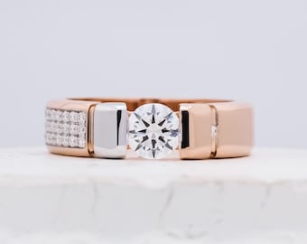 Duo Tone Gold Engagement Ring with Round Cut Lab Created Diamond,  Wedding Ring, Designer Propose Ring, Yellow/White/Rose Gold Ring for Him