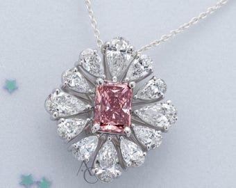 5.53 Ct Fancy Vivid Pink Lab Grown Diamond Pendant Necklace, Flower Shape Pink Diamond, Charm Pendant, Anniversary Surprise Gift For Her