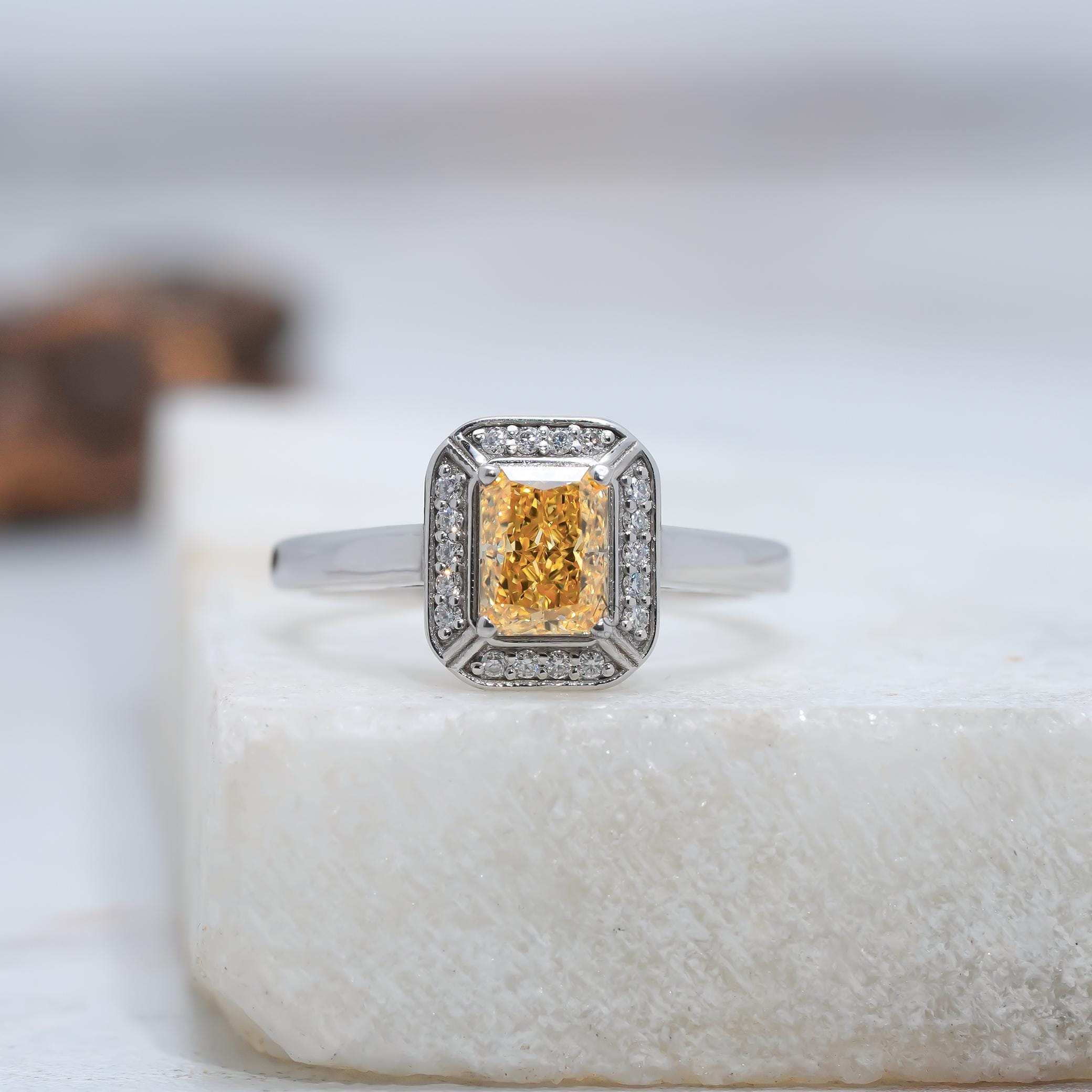 1.02 CT Fancy Vivid Yellow Radiant Cut Lab Grown Diamond Halo Engagement Ring for Her, Wedding Anniversary Gift Ring, Promise Ring for Her