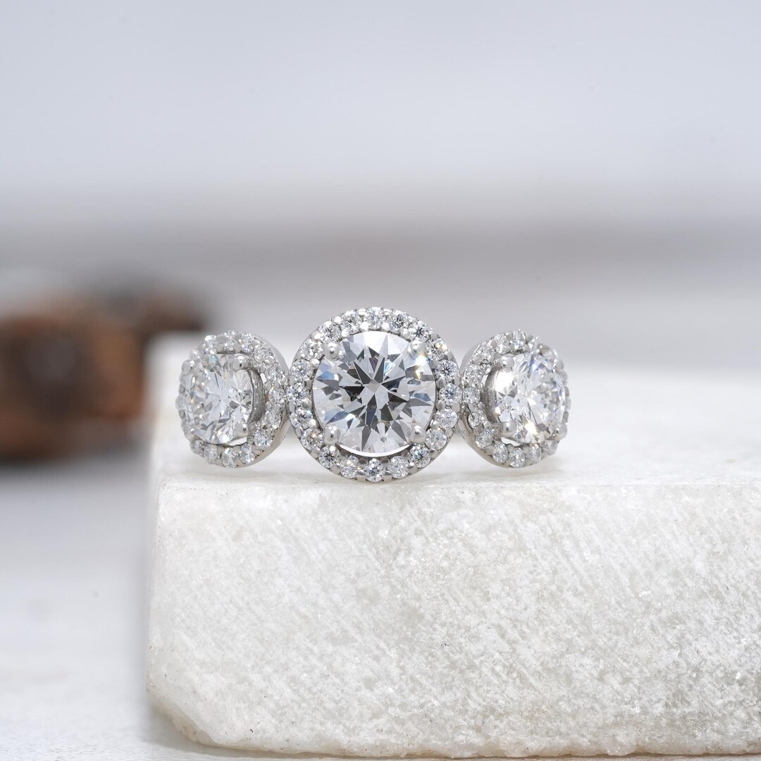 Three Stone Round Cut Lab Grown Diamond Engagement Ring, Bridal Ring ...