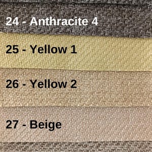 May include: A collection of ten fabric swatches arranged in horizontal rows, each featuring a woven texture. The labels are: 21 - Anthracite 1, 22 - Anthracite 2, 23 - Anthracite 3, 24 - Anthracite 4, 25 - Yellow 1, 26 - Yellow 2, 27 - Beige, 28 - Soil 1, 29 - Soil 2, and 30 - Gray.