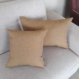 Peut inclure: Deux coussins de canapé marrons sur un canapé blanc. Les coussins sont en tissu doux et texturé.