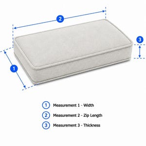 May include: A rectangular light grey cushion with piped edges. Blue dashed lines and arrows indicate three dimensions: measurement 1 for width, measurement 2 for zip length, and measurement 3 for thickness, labelled with corresponding blue circles.