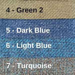 May include: A vertical display of ten fabric swatches with a visible herringbone weave, labelled 1 through 10 with their respective colours: Pink, Dark Green, Grenn 1, Green 2, Dark Blue, Light Blue, Turquoise, Purple, Cherry, and Red.