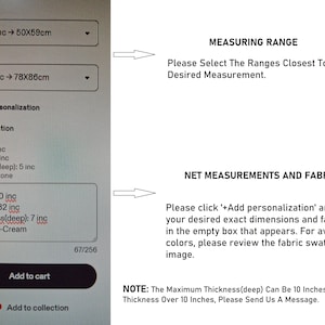 May include: A digital interface for product customisation featuring dropdown menus for width and length ranges in inches and centimetres. It includes an Add personalisation text box with example inputs for width, length, thickness, and colour, plus an Add to cart button.