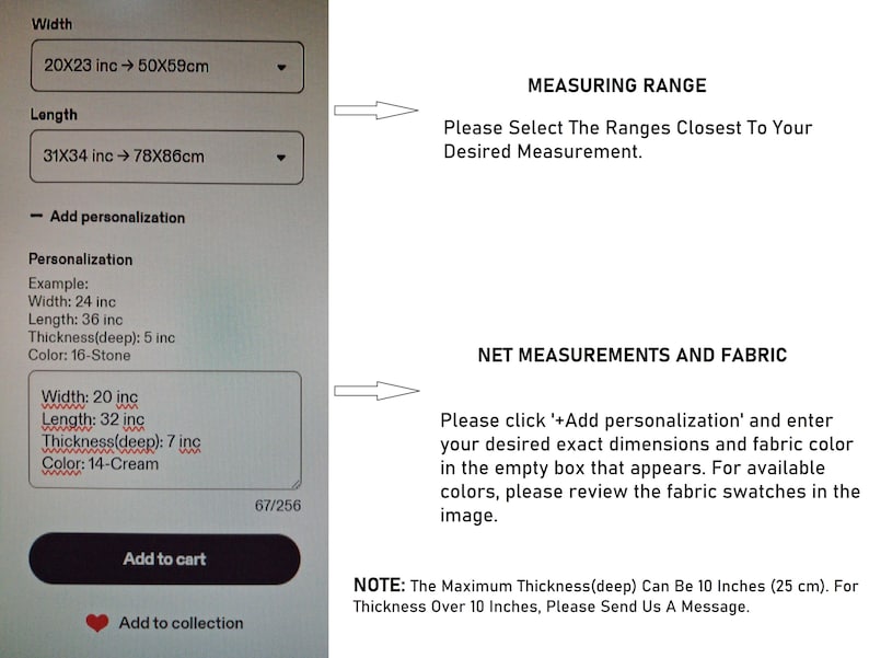 May include: A digital interface for product customisation featuring dropdown menus for width and length ranges in inches and centimetres. It includes an Add personalisation text box with example inputs for width, length, thickness, and colour, plus an Add to cart button.