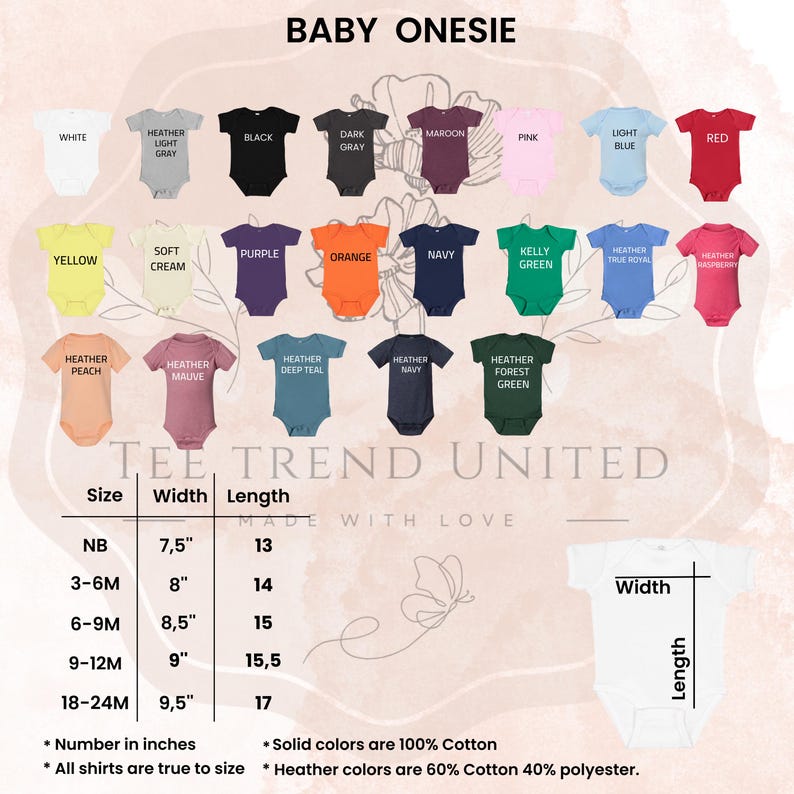 a collection of baby onesies in various colors and sizes, arranged in a grid format.