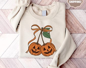 Pumpkin Cherries Autumn Girly Sweatshirt, Halloween Pumpkin T Shirt, Fall pumpkin Shirt, Pumpkin Cheeries Coquette Shirt, Fall Girly Shirt