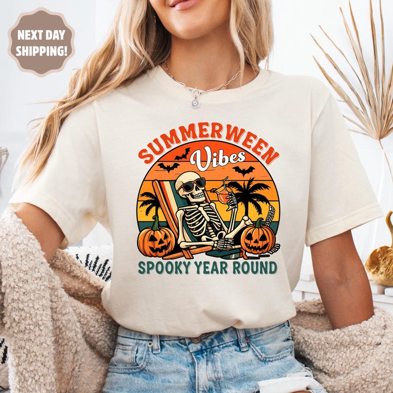 Summerween Skeleton Shirt, Summer-ween Tshirt, Spooky Summer Tee, Summer Halloween Shirt, Halloweener Gift,Year-Round Halloween,Beach Skelly image 1