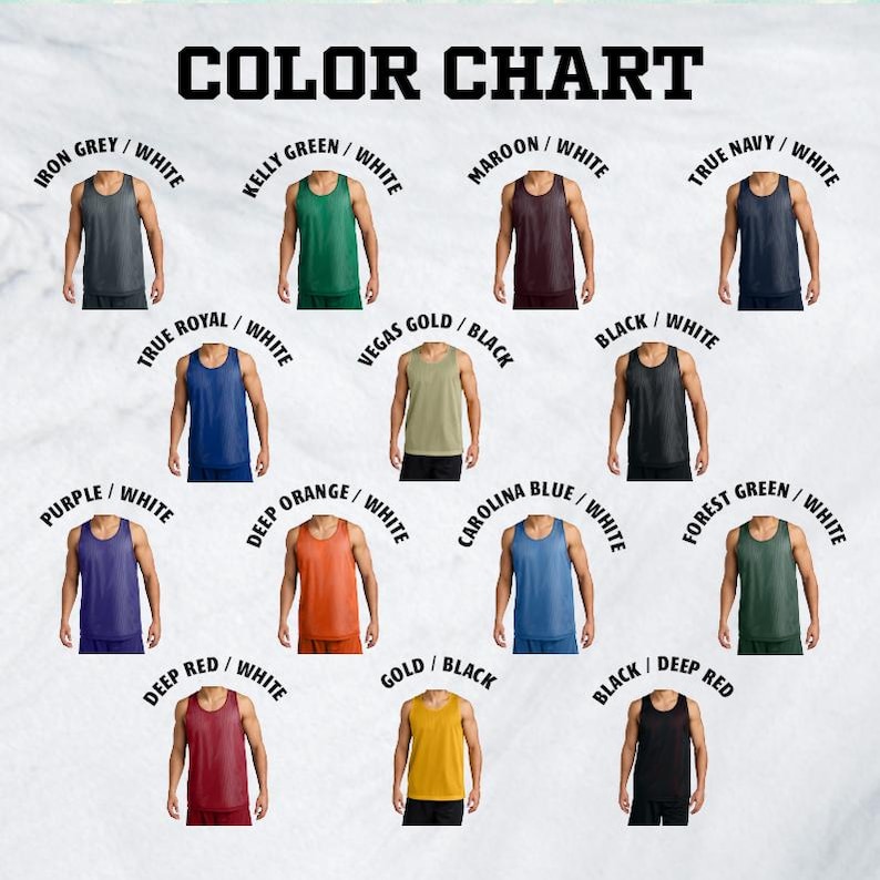 May include: A color chart displays various tank top colors, including Iron Grey, Kelly Green, Maroon, and True Navy, each paired with white. Other colors are True Royal, Vegas Gold, Black, Purple, Deep Orange, Carolina Blue, Forest Green, Deep Red, and Gold.