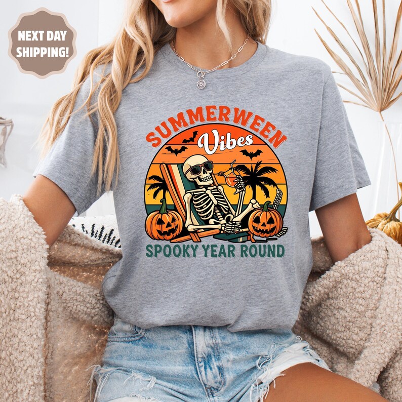 Summerween Skeleton Shirt, Summer-ween Tshirt, Spooky Summer Tee, Summer Halloween Shirt, Halloweener Gift,Year-Round Halloween,Beach Skelly image 4