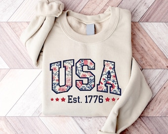 Floral USA Sweatshirt, American Girl Sweatshirt, USA Est 1776 Sweatshirt, Girly 4th of July Shirt, Patriotic Women Shirt, Flower USA Shirt