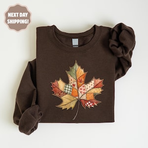 Retro Faux Patchwork Fall Leaf Sweatshirt, Cozy Fall Gift, Fall Pumpkin Shirt, Spooky Season Sweater, Cozy Cute Women Outfit