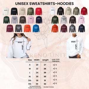 The image is a collage of various sweatshirts and hoodies in different colors and sizes, along with a table providing the measurements and descriptions of the items.